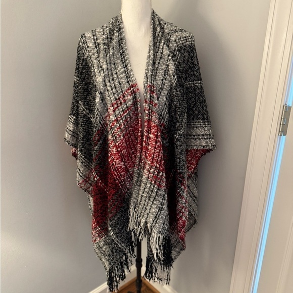 Saks Fifth Avenue Fringe Poncho Wrap Sweater RED/BLACK/GRAY PLAID - Picture 1 of 8